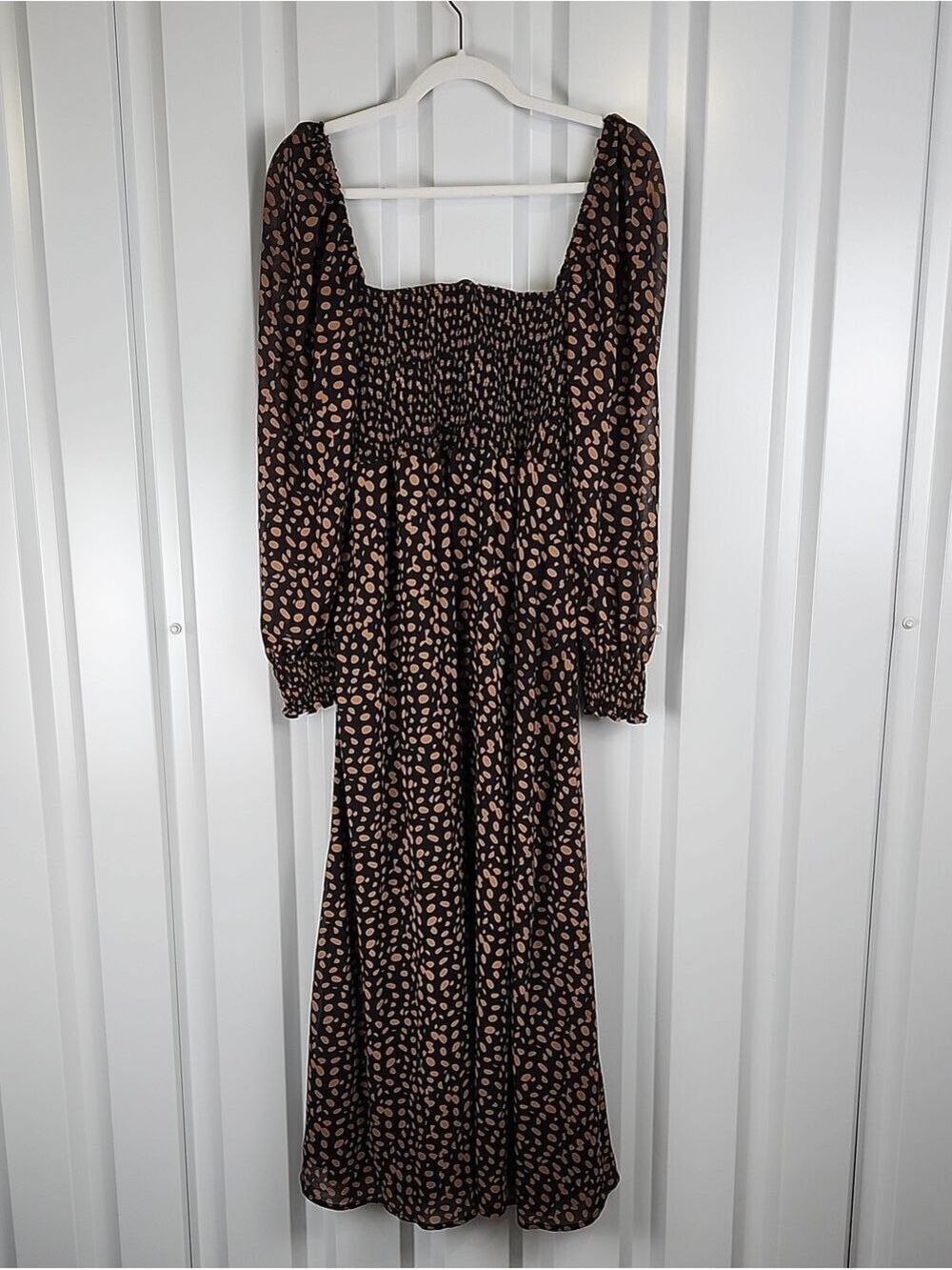 O.P.T. Black Brown Smocked Long Sleeve Midi Dress XL NWT Cottage Flowy Polka Dot - Picture 3 of 9